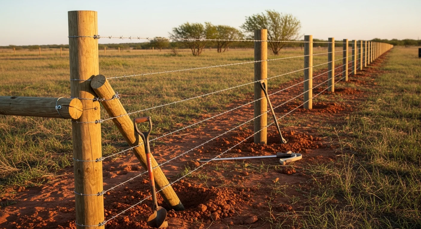 A multi-strand barbwire fence stretching across an open pasture in Apache, Oklahoma, with wooden corner posts and tightly stretched wire along a flat Caddo County property line. A clear blue sky and dry grass field are visible in the background.