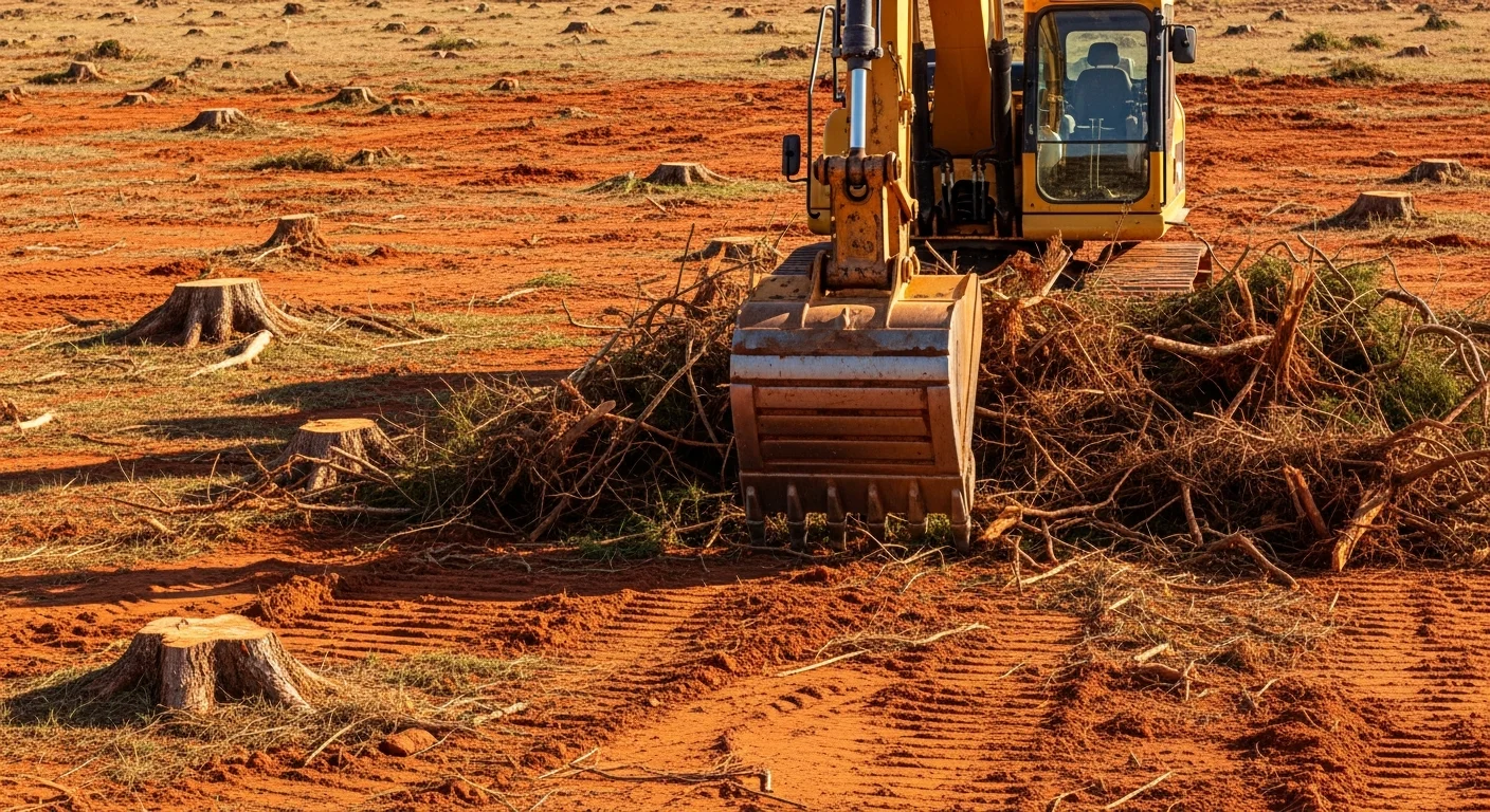 A cleared rural lot in Apache, Oklahoma showing open ground after brush and cedar removal, with excavation equipment visible at the edge of the work area. Dense mesquite and undergrowth have been cut back to expose usable land along a fence line.