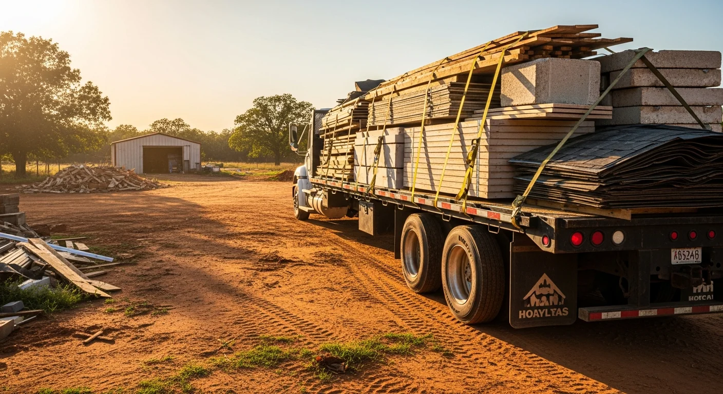 A cleared residential construction site in Apache, Oklahoma with a loaded haul truck ready to transport wood framing scraps, drywall, and roofing debris. The surrounding Caddo County landscape is visible in the background.
