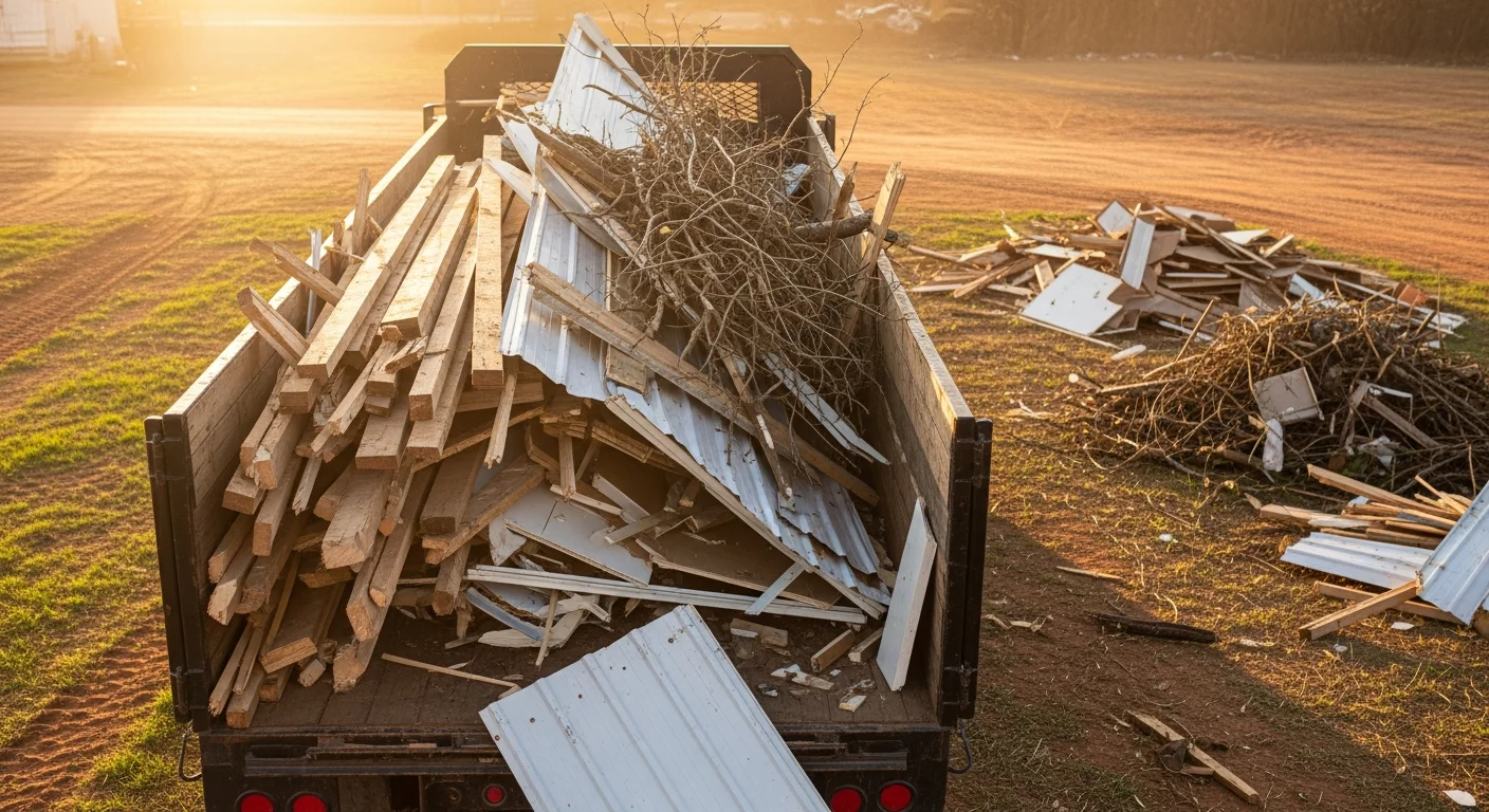 A cleared residential yard in Apache, Oklahoma after debris removal, with hauled storm branches and construction scraps loaded onto a truck. The property shows open, clean ground following a full debris haul by Artillery Ridge Services LLC.