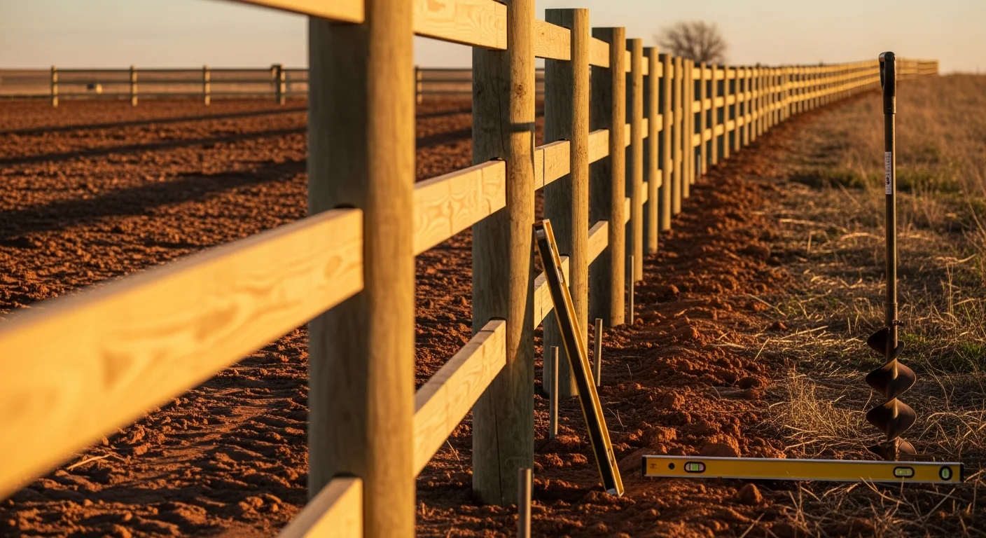 A newly installed wood privacy fence running along the backyard of a residential property in Apache, Oklahoma, with open rural land visible in the background. The fence posts are set straight and level on a clear day with a wide Oklahoma sky overhead.