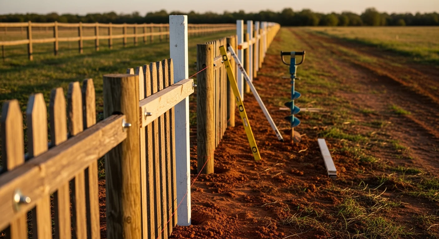 A repaired wooden fence on a residential property in Apache, Oklahoma, with straightened posts and replaced pickets along a flat Caddo County yard. The fence line runs parallel to an open field under a clear Oklahoma sky.