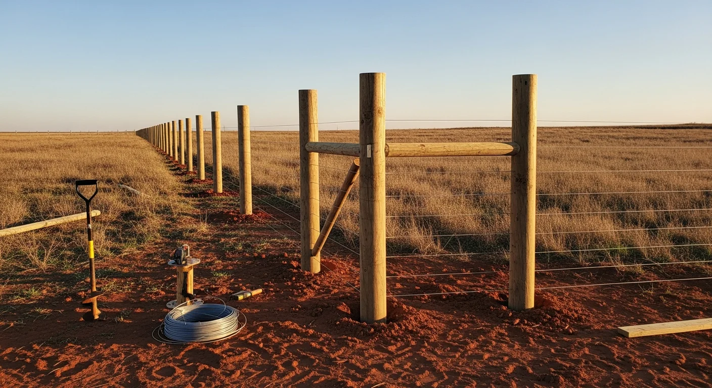 Woven wire field fence installed along a flat pasture on a rural property near Apache, Oklahoma, with wooden posts and a ranch gate visible at the corner. Red clay soil and open Oklahoma sky visible in the background.