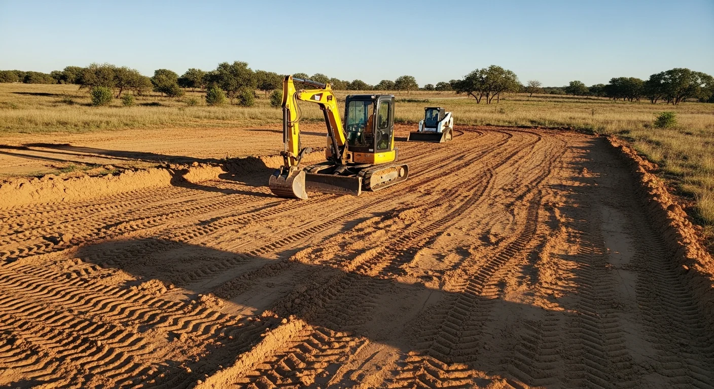 An excavator cutting and leveling a rural building site on rolling Caddo County land near Apache, Oklahoma. The graded pad shows proper slope and compacted soil ready for foundation work.