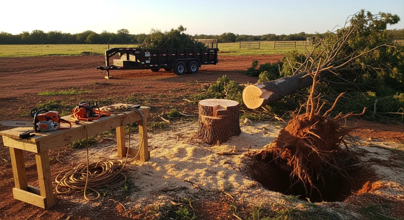 A large dead tree with a split trunk being removed in sections near a residential structure in Apache, Oklahoma. The crew has cleared the canopy and is working on the lower trunk with equipment staged on an open lot.