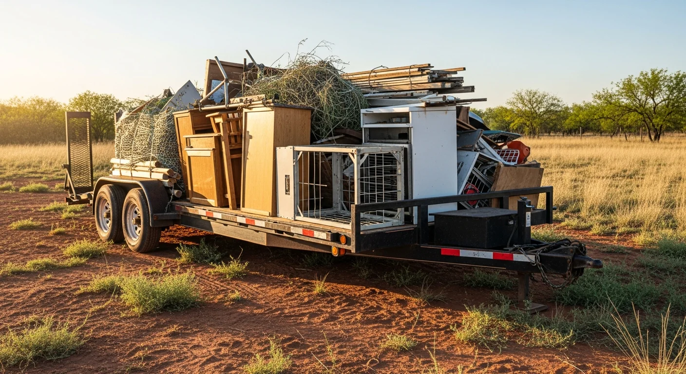 A cleared residential property in Apache, Oklahoma with an empty garage and clean yard after a junk hauling service. An Artillery Ridge Services LLC truck is parked nearby with a loaded bed of removed furniture and debris.