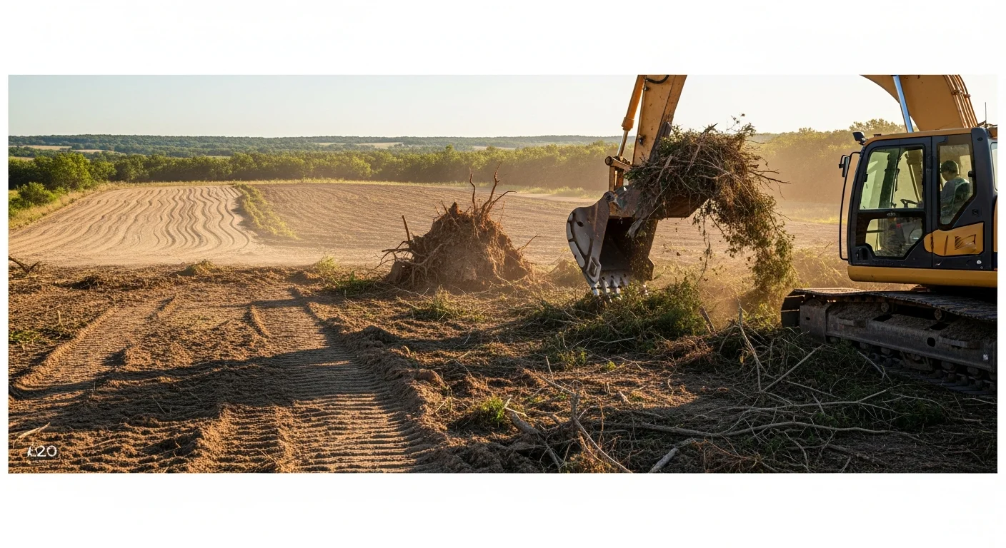 A freshly cleared rural property near Apache, Oklahoma showing level ground with stumps and cedar brush removed and red clay soil graded smooth. Heavy excavation equipment from Artillery Ridge Services LLC is visible at the edge of the cleared site in Caddo County.