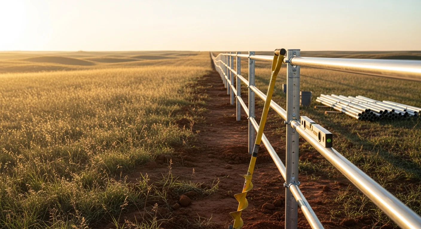 Welded steel pipe fence installed along a rural property boundary in Apache, Oklahoma, with straight rail lines and a pipe gate visible in the foreground. Open pasture land extends behind the fence under a wide Oklahoma sky.