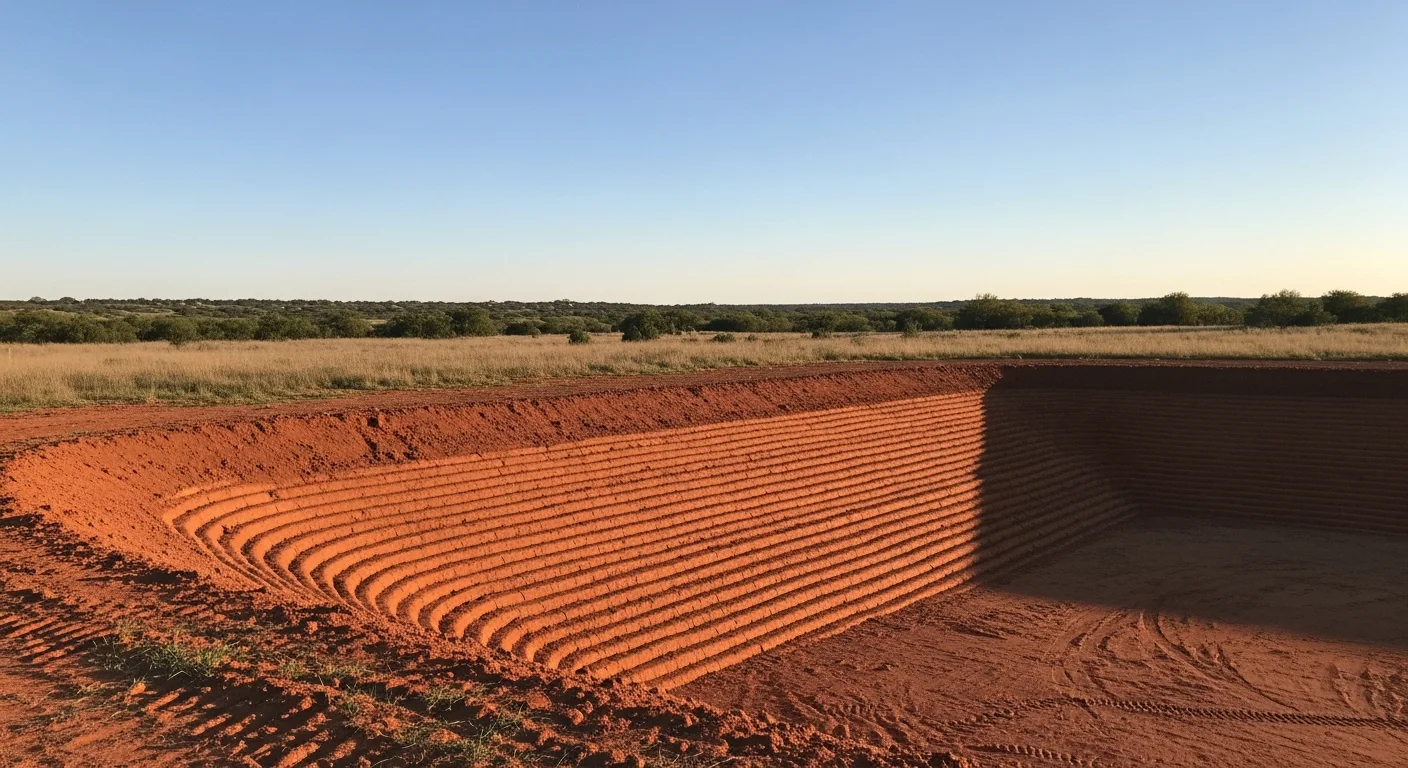A newly excavated farm pond on rural acreage near Apache, Oklahoma, with a compacted earthen dam, shaped banks, and a graded spillway channel. Red-clay soil is visible along the basin edges, with open pasture land in the background.