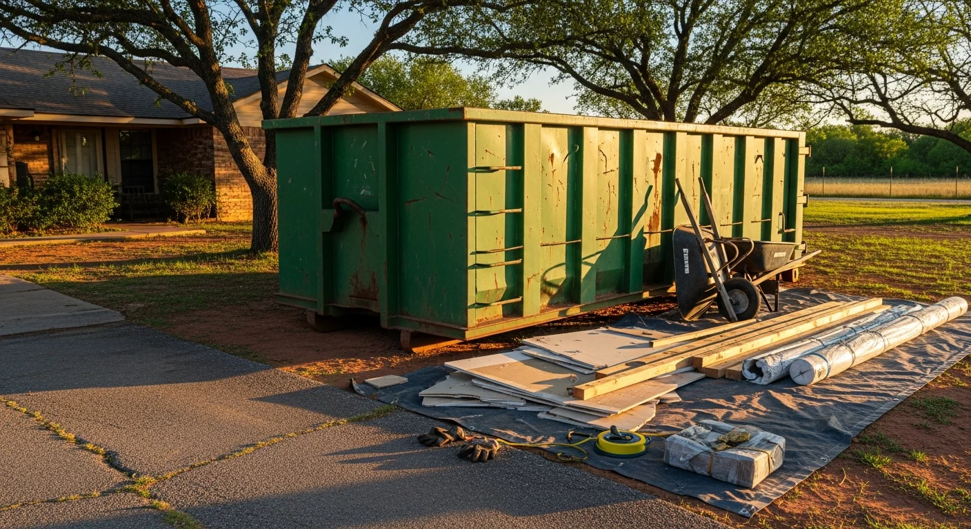 A rolloff dumpster container sitting on a residential driveway in Apache, Oklahoma, loaded with household debris and construction waste. The surrounding property shows a rural Caddo County setting with open yard space.