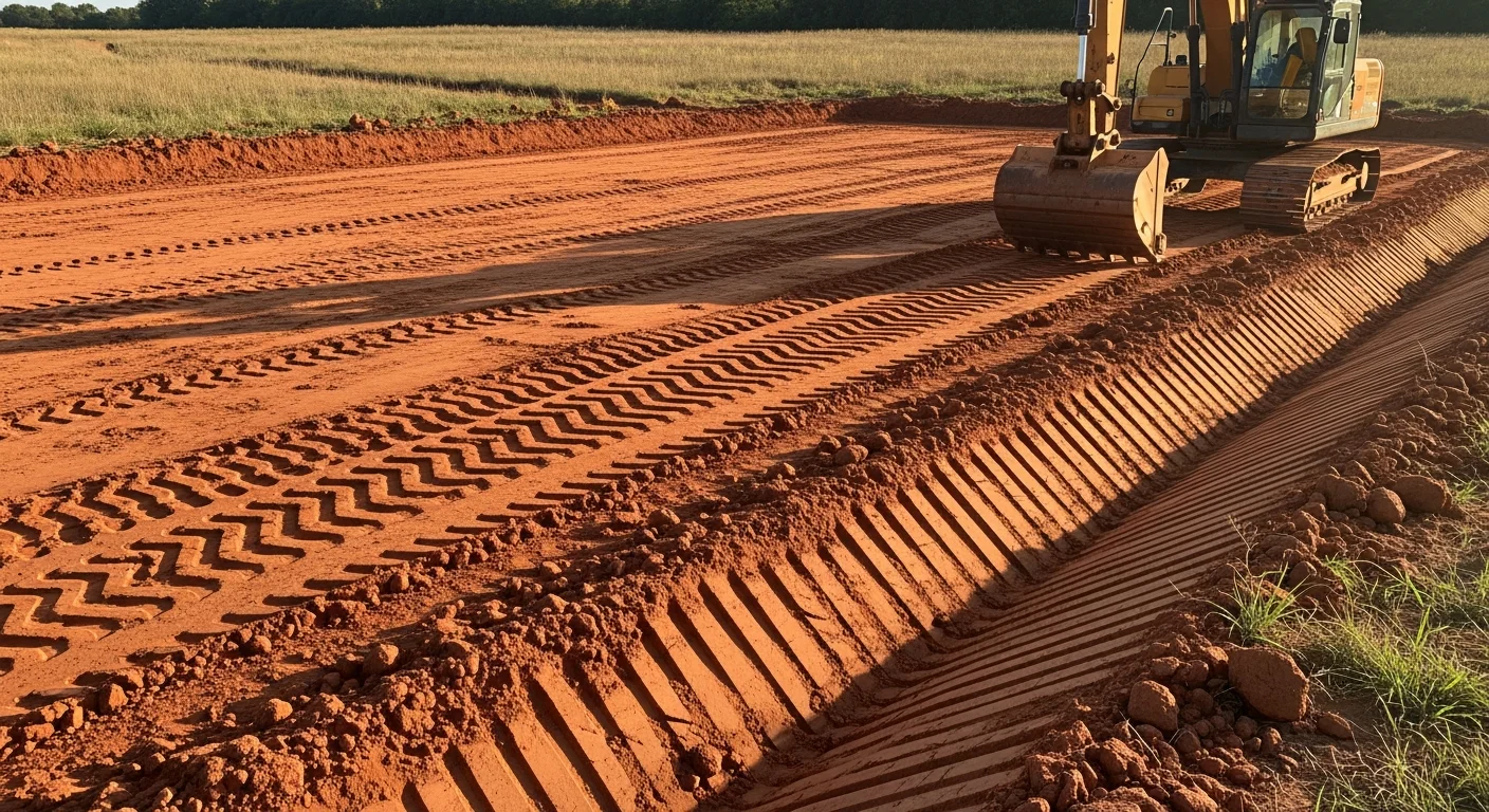 A tracked excavator grading and leveling a rural lot in Apache, Oklahoma, with cleared red clay soil and flat subgrade ready for foundation work. Southern Caddo County open land and a clear sky visible in the background.