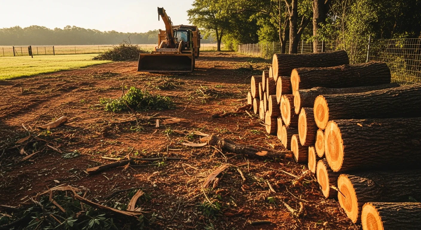 A cleared residential yard in Apache, Oklahoma after full tree disposal, with all logs, limbs, and brush removed from the property. An Artillery Ridge Services LLC truck is visible at the curb with a loaded debris trailer.