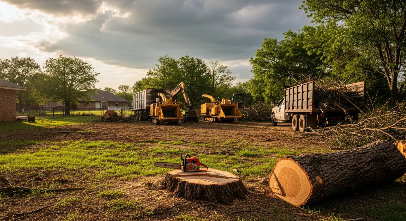 A large dead tree being sectioned and removed from a residential yard in Apache, OK, with cut wood stacked near the cleared work area. A crew member operates a chainsaw from a safe position while a clean lawn and house exterior are visible in the background.