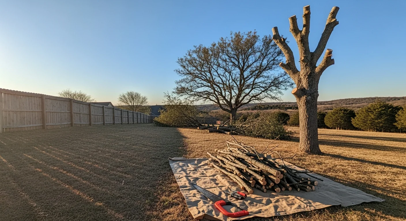 A mature post oak tree in a residential yard in Apache, Oklahoma with a freshly trimmed canopy and cleared branches away from a nearby roofline. A tree service crew member is visible on the ground beside removed limb sections.